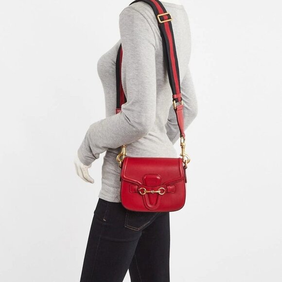 Gucci Red Smooth Calfskin Leather Small Lady Web Shoulder Bag - Picture 1 of 11